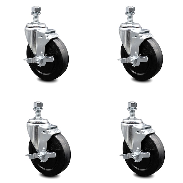 5 Inch Soft Rubber Wheel Swivel 3/8 Inch Threaded Stem Caster Set with Brake SCC